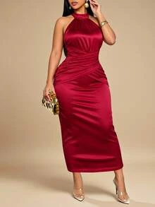KIORVELLA Gaun Pesta Wanita Ukuran Besar Warna Polos Berlipit Elegan dengan Leher Halter yang Mengencangkan Pinggang - Merah - View 5