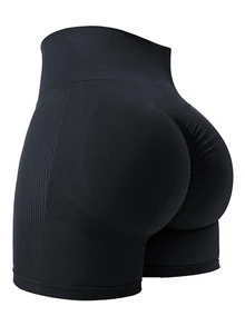 Plus Size Women Solid Color Ruched Hip High Waist Athletic Shorts - Black - View 5