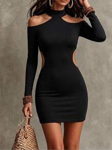 Trelyra Women's Solid Color Hollow Out Casual Daily Summer Dress - Black - View 1