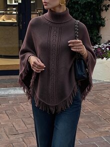 Flora Isola Flora Isola Sweater Syal Wanita Elegan dengan Kerah Tinggi dan Rumbai - Coffee Brown - View 6