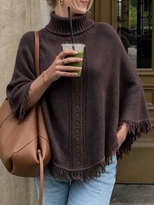 Flora Isola Flora Isola Sweater Syal Wanita Elegan dengan Kerah Tinggi dan Rumbai - Coffee Brown - View 4