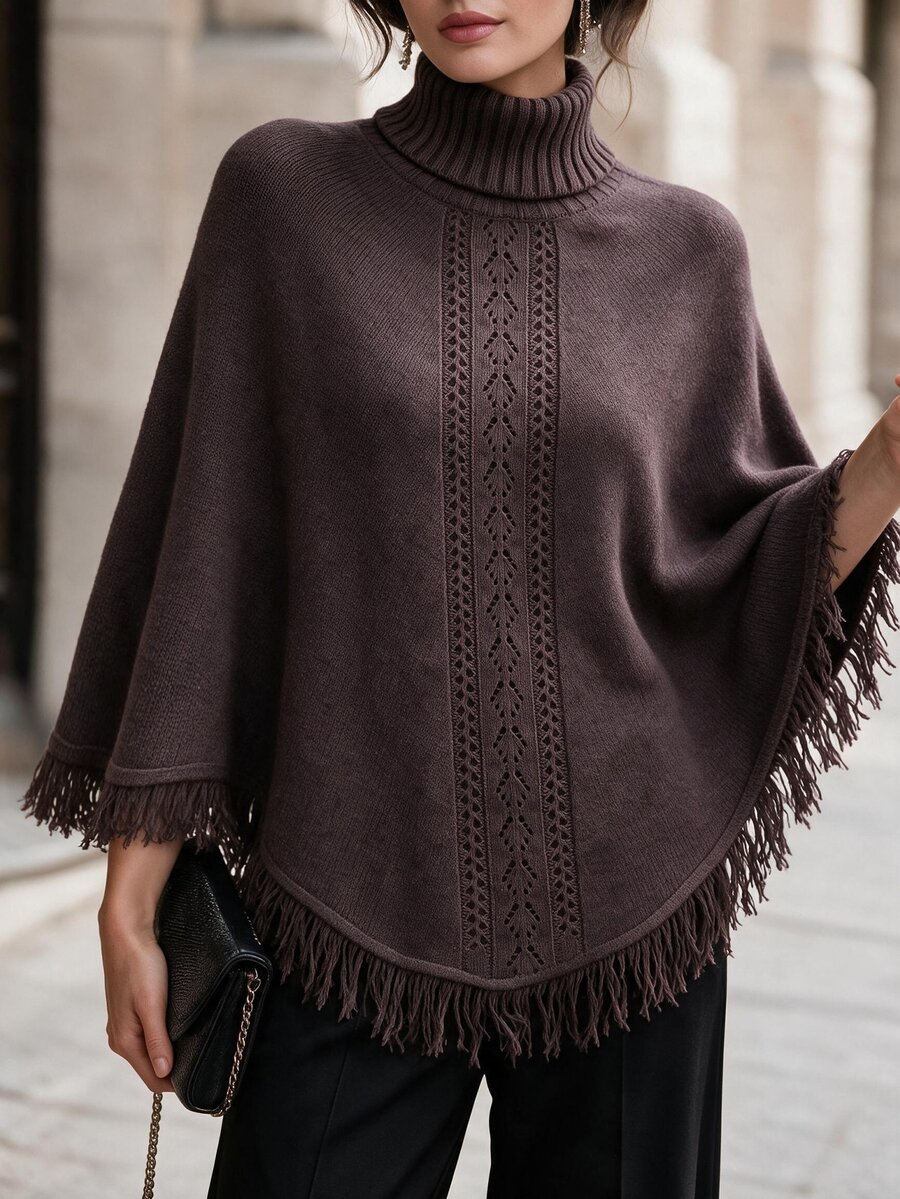 Flora Isola Flora Isola Sweater Syal Wanita Elegan dengan Kerah Tinggi dan Rumbai - Coffee Brown - View 1