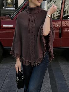Flora Isola Flora Isola Sweater Syal Wanita Elegan dengan Kerah Tinggi dan Rumbai - Coffee Brown - View 5