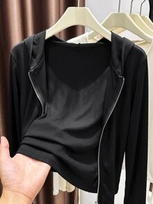 INAWLY Plus Size Women Solid Color Zipper Casual Daily Long Sleeve Jacket - Black - View 1