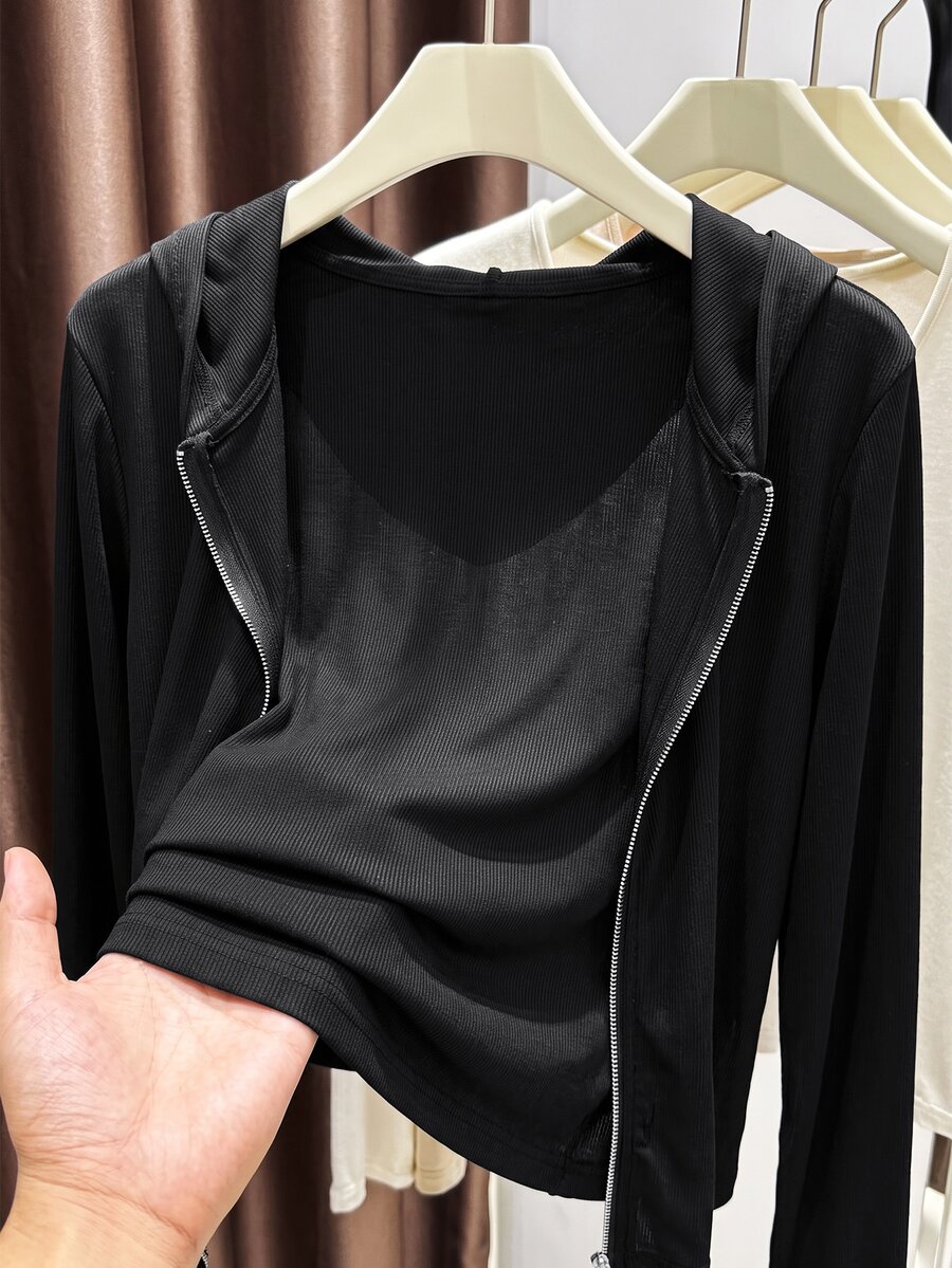 INAWLY Plus Size Women Solid Color Zipper Casual Daily Long Sleeve Jacket - Black - View 1