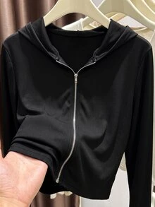 INAWLY Plus Size Women Solid Color Zipper Casual Daily Long Sleeve Jacket - Black - View 5