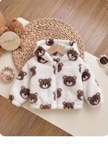 SHEIN Newborn Baby Girl Dinosaur Fluffy Jacket Autumn/Winter - Beige - View 2