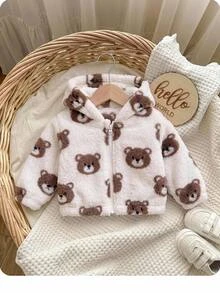 SHEIN Newborn Baby Girl Dinosaur Fluffy Jacket Autumn/Winter - Beige - View 3
