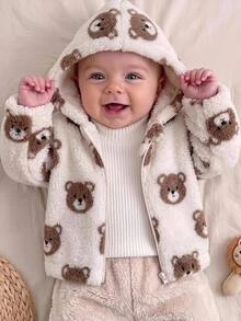 SHEIN Newborn Baby Girl Dinosaur Fluffy Jacket Autumn/Winter - Beige - View 1