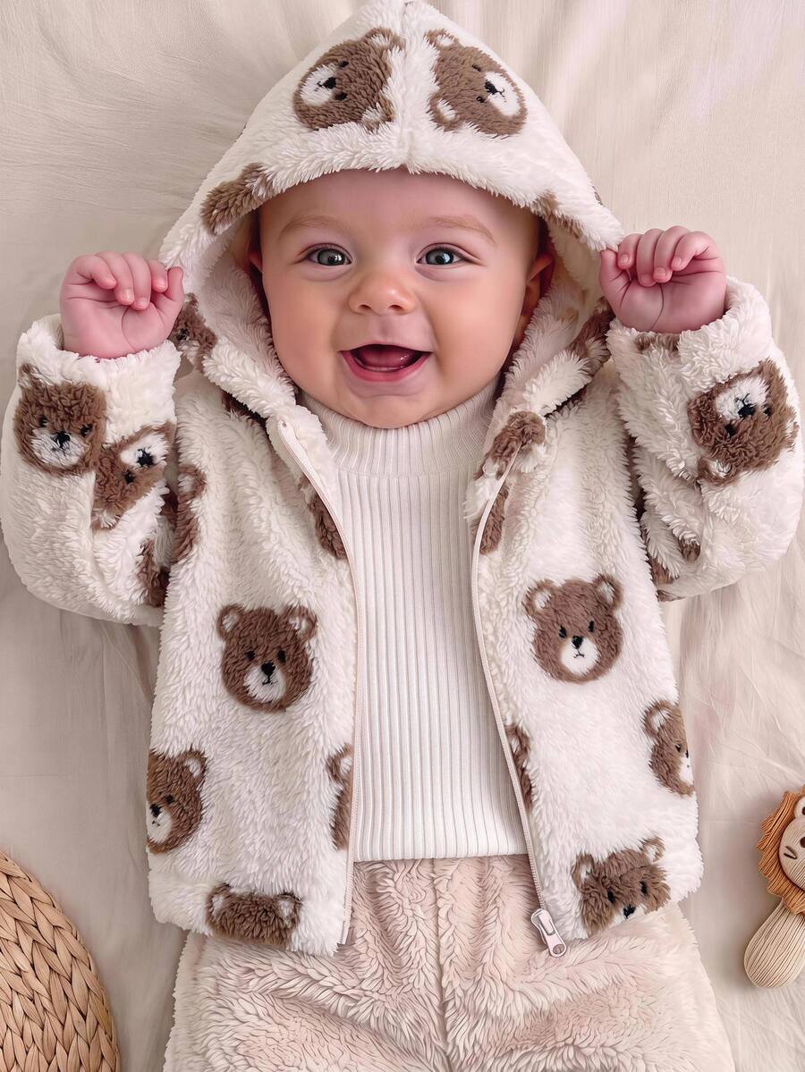 SHEIN Newborn Baby Girl Dinosaur Fluffy Jacket Autumn/Winter - Beige - View 1