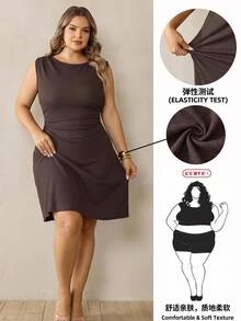 SHEIN CURVE+ Plus Size Women Solid Color Thick Autumn/Winter Base Layer Dress, Can Be Paired With Outerwear Christmas - Coffee Brown - View 1
