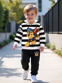 SHEIN | PAW Patrol 2件組小男孩休閒連帽套裝，黑白條紋卡通圖案，長袖寬鬆連帽衫，秋季校園穿搭，冬季聖誕服飾 - 黑色 - 查看 3