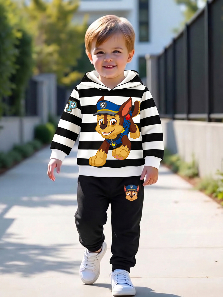SHEIN | PAW Patrol 2pcs Young Boys Hoodie Set Casual Black White Striped Cartoon Pattern Long Sleeve Loose Hooded Fall Clothes School Winter Outfits Christmas - Black - View 3
