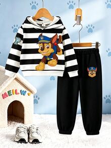 SHEIN | PAW Patrol 2件組小男孩休閒連帽套裝，黑白條紋卡通圖案，長袖寬鬆連帽衫，秋季校園穿搭，冬季聖誕服飾 - 黑色 - 查看 4