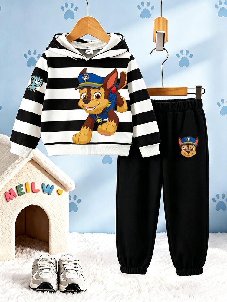 SHEIN | PAW Patrol 2pcs Young Boys Hoodie Set Casual Black White Striped Cartoon Pattern Long Sleeve Loose Hooded Fall Clothes School Winter Outfits Christmas - Black - View 4