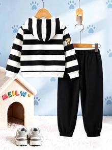 SHEIN | PAW Patrol 2件組小男孩休閒連帽套裝，黑白條紋卡通圖案，長袖寬鬆連帽衫，秋季校園穿搭，冬季聖誕服飾 - 黑色 - 查看 2