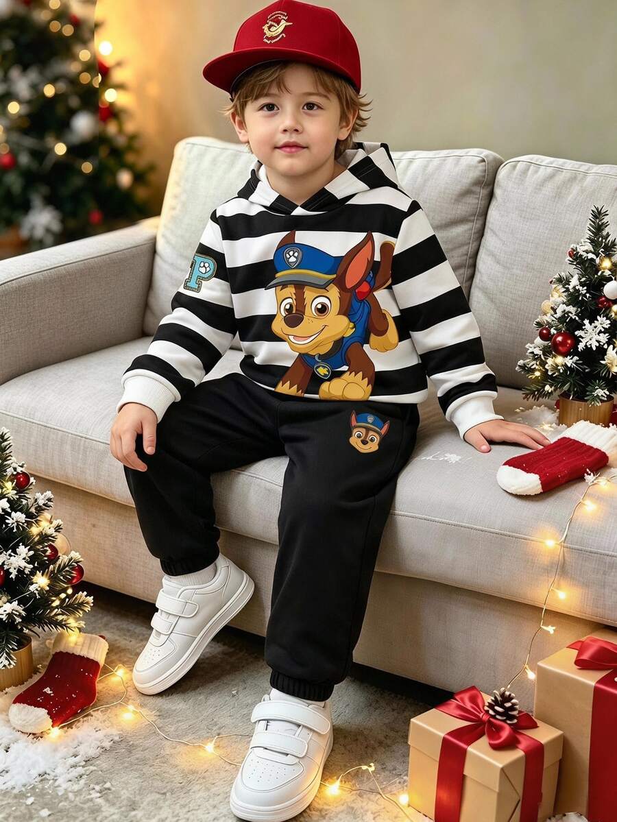 SHEIN | PAW Patrol 2件組小男孩休閒連帽套裝,黑白條紋卡通圖案,長袖寬鬆連帽衫,秋季校園穿搭,冬季聖誕服飾 - 黑色 - 查看 1