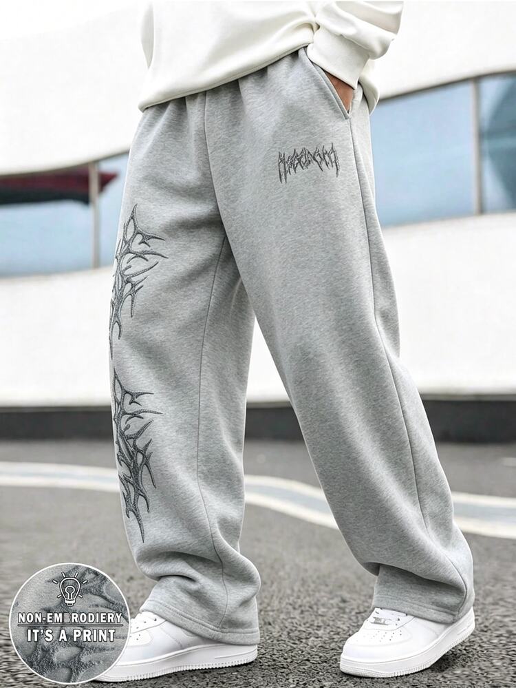 Tween-pojkar vida mjukisbyxor i streetwear-stil, grå med gotiskt tryck, lös passform, elastisk midja, skolkläder, raka mjukisbyxor för höst/vinter - Multifärgad - Visa 3