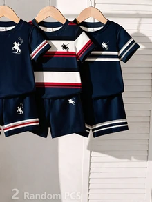 SHEIN 1組隨機款 嬰兒男童夏季套裝 幼兒短袖條紋T恤與短褲休閒套裝 馬術Logo童裝 - 彩色 - 查看 4