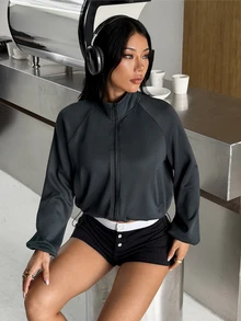 Muchica Women's Solid Color Stand Collar Zip Up Cropped Sports Jacket Gym Jacket Workout Jacket Running Yoga Training Sportswear Activewear Stretch Fall - Black - View 7