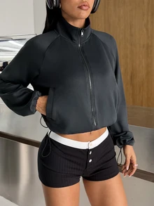 Muchica Women's Solid Color Stand Collar Zip Up Cropped Sports Jacket Gym Jacket Workout Jacket Running Yoga Training Sportswear Activewear Stretch Fall - Black - View 4