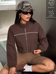 Muchica Women's Dark Brown Oversized Stand Collar Reflective Piping Lightweight Windbreaker Sports Jacket Breathable Running Training Outdoor Activewear Top - Brown - View 7