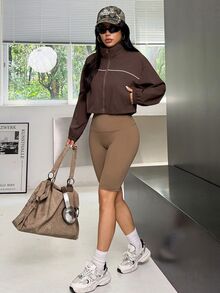 Muchica Women's Dark Brown Oversized Stand Collar Reflective Piping Lightweight Windbreaker Sports Jacket Breathable Running Training Outdoor Activewear Top - Brown - View 6