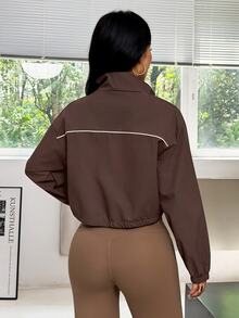 Muchica Women's Dark Brown Oversized Stand Collar Reflective Piping Lightweight Windbreaker Sports Jacket Breathable Running Training Outdoor Activewear Top - Brown - View 3
