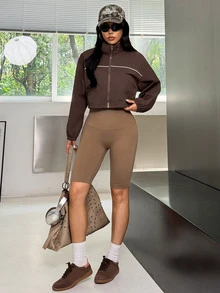 Muchica Women's Dark Brown Oversized Stand Collar Reflective Piping Lightweight Windbreaker Sports Jacket Breathable Running Training Outdoor Activewear Top - Brown - View 10