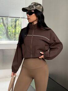 Muchica Women's Dark Brown Oversized Stand Collar Reflective Piping Lightweight Windbreaker Sports Jacket Breathable Running Training Outdoor Activewear Top - Brown - View 8