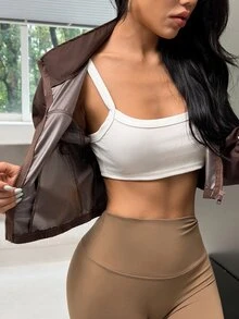 Muchica Women's Dark Brown Oversized Stand Collar Reflective Piping Lightweight Windbreaker Sports Jacket Breathable Running Training Outdoor Activewear Top - Brown - View 4