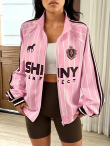 Muchica Women's Pink Striped Letter Print Stand Collar Zip Up Sports Jacket Gym Jacket Workout Jacket Running Jacket Sportswear Activewear Fall Winter - Pink - View 5