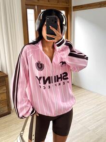 Muchica Women's Pink Striped Letter Print Stand Collar Zip Up Sports Jacket Gym Jacket Workout Jacket Running Jacket Sportswear Activewear Fall Winter - Pink - View 1