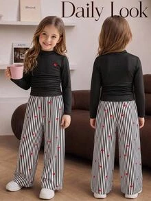 SHEIN Young Girl Heart Pattern Long Sleeve T-Shirt And Pants Casual Daily Outfit - Multicolor - View 3