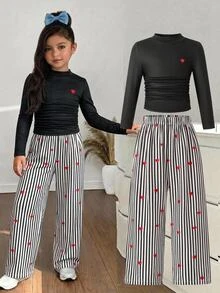 SHEIN Young Girl Heart Pattern Long Sleeve T-Shirt And Pants Casual Daily Outfit - Multicolor - View 1