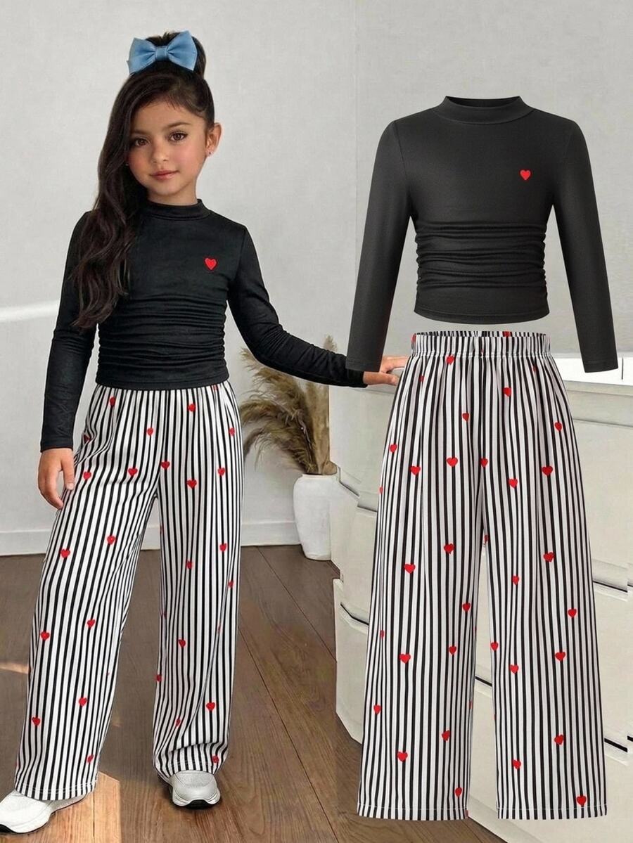 SHEIN Young Girl Heart Pattern Long Sleeve T-Shirt And Pants Casual Daily Outfit - Multicolor - View 1