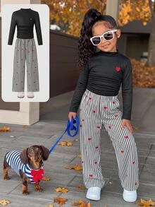 SHEIN Young Girl Heart Pattern Long Sleeve T-Shirt And Pants Casual Daily Outfit - Multicolor - View 2