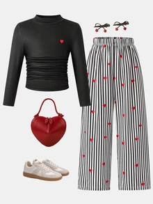 SHEIN Young Girl Heart Pattern Long Sleeve T-Shirt And Pants Casual Daily Outfit - Multicolor - View 5