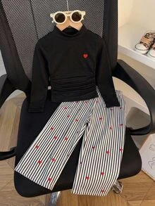 SHEIN Young Girl Heart Pattern Long Sleeve T-Shirt And Pants Casual Daily Outfit - Multicolor - View 4