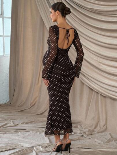 SHEIN Luxury Evening Elegant Maternity Party Dress: Brown Color-Block Polka-Dot Open-Back Style,Elegant Fashion Polka Dot Print Long Sleeve Maternity Dress