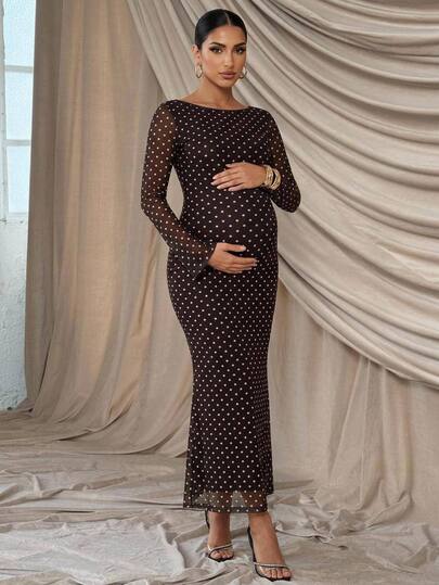 SHEIN Luxury Evening Elegant Maternity Party Dress: Brown Color-Block Polka-Dot Open-Back Style,Elegant Fashion Polka Dot Print Long Sleeve Maternity Dress