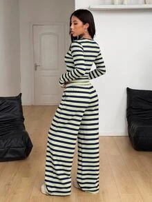 Coolane 女款條紋長袖T恤與抽繩腰長褲休閒兩件套 - 彩色 - 查看 2