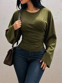 INAWLY Solva 女款純色圓領落肩長袖上衣 - 軍綠色 - 查看 3