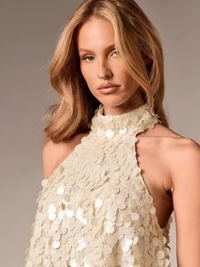 AiiRZ Asymmetric Halter Neck Sequin Top With Circular Embellishments Party Occasion Evening Sleeveless Irregular Hem Textured Glamour Statement Blouse - Cream - View 4