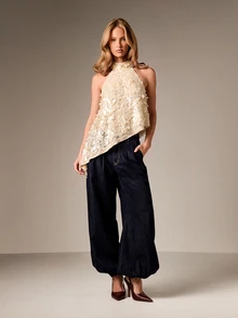AiiRZ Asymmetric Halter Neck Sequin Top With Circular Embellishments Party Occasion Evening Sleeveless Irregular Hem Textured Glamour Statement Blouse - Cream - View 3