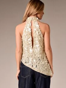 AiiRZ Asymmetric Halter Neck Sequin Top With Circular Embellishments Party Occasion Evening Sleeveless Irregular Hem Textured Glamour Statement Blouse - Cream - View 2