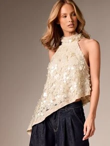 AiiRZ Asymmetric Halter Neck Sequin Top With Circular Embellishments Party Occasion Evening Sleeveless Irregular Hem Textured Glamour Statement Blouse - Cream - View 5