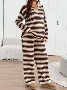 SHEIN Setelan Sweater Rajut dan Celana Panjang Kasual Musim Gugur/Dingin untuk Ibu Hamil - Coklat - View 6