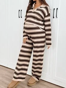 SHEIN Setelan Sweater Rajut dan Celana Panjang Kasual Musim Gugur/Dingin untuk Ibu Hamil - Coklat - View 3