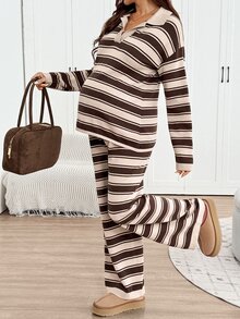 SHEIN Setelan Sweater Rajut dan Celana Panjang Kasual Musim Gugur/Dingin untuk Ibu Hamil - Coklat - View 5
